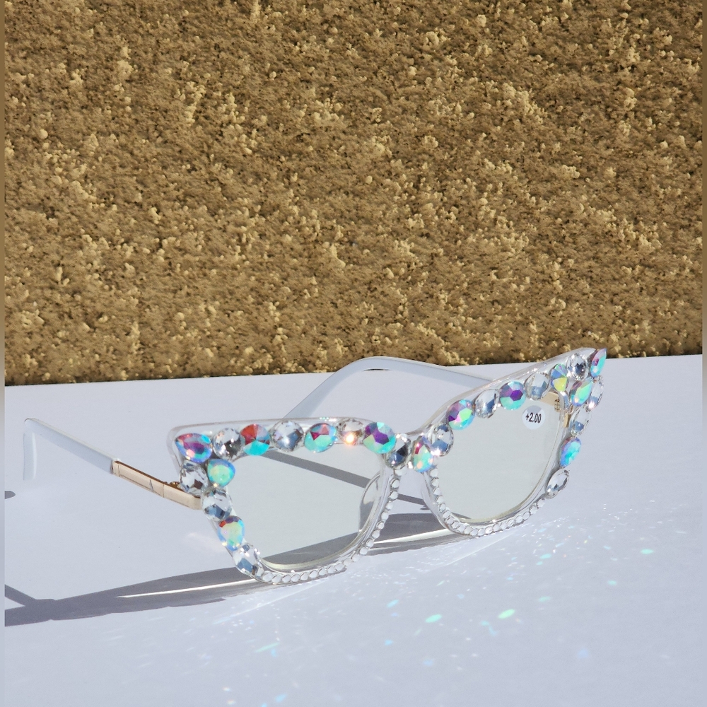 Women's Bling Cat Eye Readers Colorful Rhinestones AB Reading Glasses White+1.00 - Picture 3 of 10